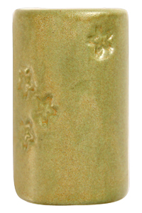 Stoneware cylinder with a soft green glaze and subtle floral texture, ideal for decorative pottery or sculpture projects.