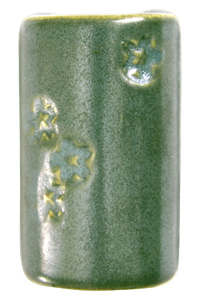 Artistic stoneware vase with a glossy green glaze and floral motifs, showcasing ceramic craftsmanship and design.