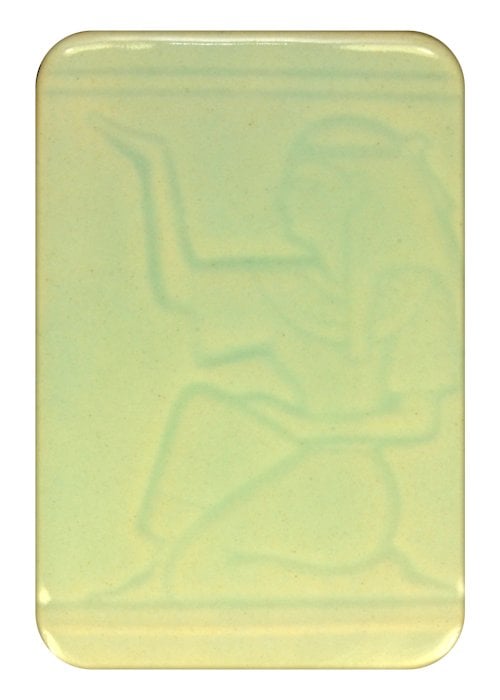 Ceramic tile in a soft green glaze featuring an embossed figure of a seated woman, ideal for decorative pottery projects.
