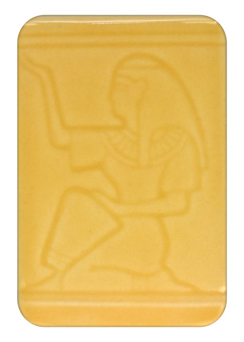 Yellow clay bisque tile featuring an embossed figure resembling an ancient Egyptian, ideal for decorative pottery.