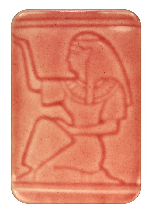 A textured ceramic tile with a red clay glaze, featuring an embossed figure in an ancient Egyptian style.