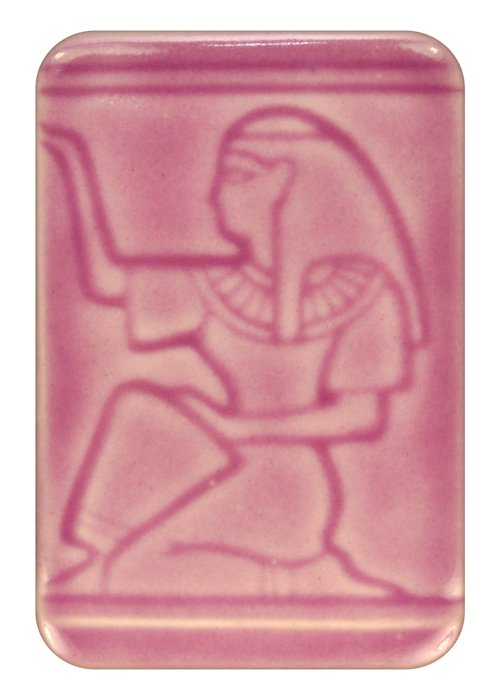 Pink ceramic tile featuring an embossed figure in an Egyptian motif, ideal for decorative pottery projects.