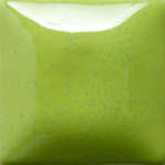 Glossy green ceramic glaze sample with speckled texture, suitable for pottery and sculpture at Georgies Ceramic & Clay Company.