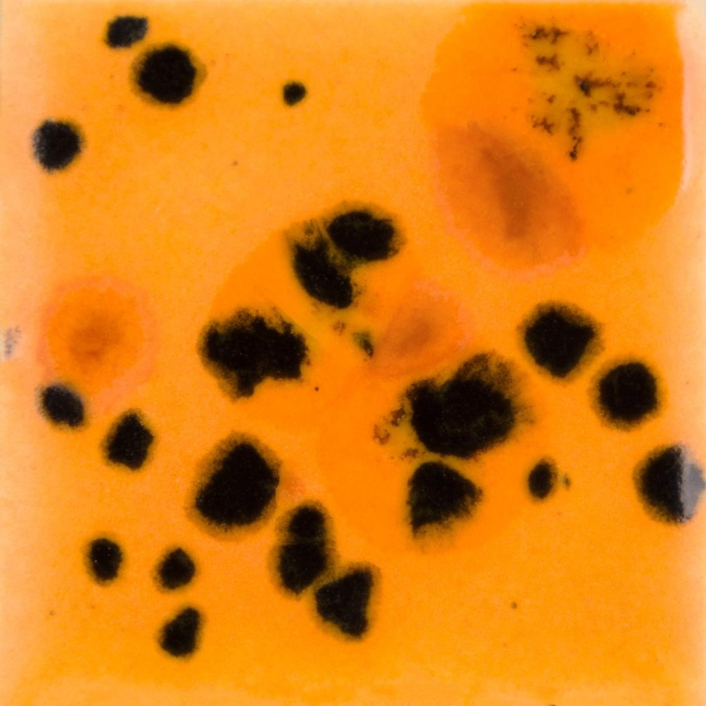 Orange glaze sample with black spots, showcasing artistic effects for pottery at Georgies Ceramic & Clay Company.