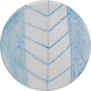 Round white ceramic tile with blue underglaze leaf pattern, featuring fine detailing for decorative pottery projects.