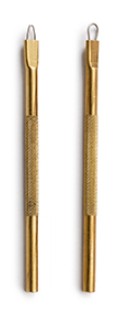 Brass double-ended ceramic tool with a pointed end and loop for detailing clay surfaces and decorating pottery.