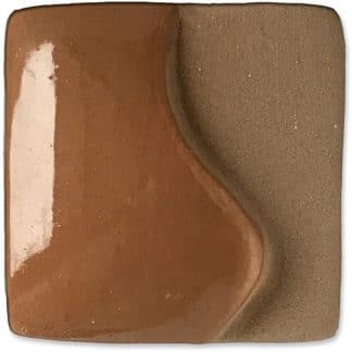 Two ceramic glaze samples displayed side by side, featuring a glossy brown finish and a matte tan texture.
