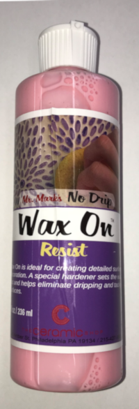 Bottle of Wax On Resist, a no-drip wax for ceramics, ideal for detailed surface decoration and glaze techniques.