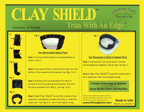 Instructions for using Clay Shield for trimming pottery, including assembly steps and features for splash pans.