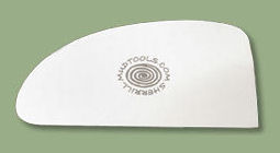 Ceramic trimming tool with rounded edge, featuring a logo, ideal for shaping and finishing clay pottery.