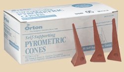 Box of Orton self-supporting pyrometric cones, featuring three red ceramic cones for kiln firing temperature monitoring.