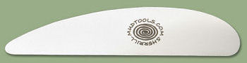 Ceramic rib tool with logo, used for shaping and smoothing clay in pottery and sculpture making. Ideal for ceramic studios.
