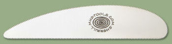 Ceramic trimming tool with serrated edge for shaping clay, featuring a logo from Georgies Ceramic & Clay Company.