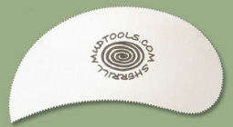 Ceramic tool featuring a serrated edge from Mudtools, used for shaping and trimming clay in pottery.