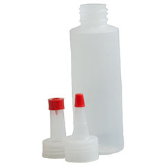 Translucent squeeze bottles with red caps for dispensing glazes or slip in ceramic studios. Ideal for precise application.