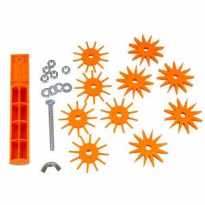 Set of orange ceramic spacers, a storage bar, and hardware for kiln shelving stabilization and organization.