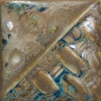 Textured ceramic tile with a glossy brown and blue glaze, showcasing unique patterns ideal for decorative pottery projects.