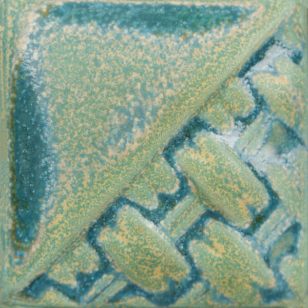 Textured ceramic tile showcasing a blend of soft green and blue glazes with a patterned design, ideal for decorative applications.