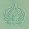 Textured mint green surface with an intricate ceramic logo featuring a stylized water droplet and wing designs.