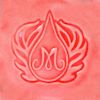 Red ceramic clay impression featuring a stylized M logo with flame and wing motifs, showcasing texture and detail.