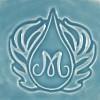 Ceramic relief design featuring a stylized droplet and ornate leaves in a soft blue glaze, ideal for pottery decoration.