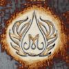 Decorative emblem featuring a stylized drop and elegant swirls, potentially related to ceramic glazing or artwork.