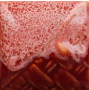 Bright red glaze with a bubbly texture, resembling a glossy finish, suitable for pottery and ceramic decoration.