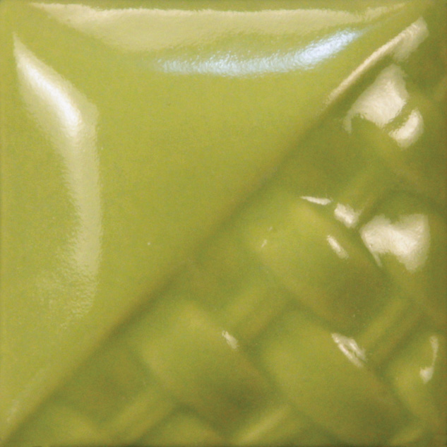Glossy lime green ceramic tile showing a woven texture pattern, ideal for glazing projects and decorative pottery applications.