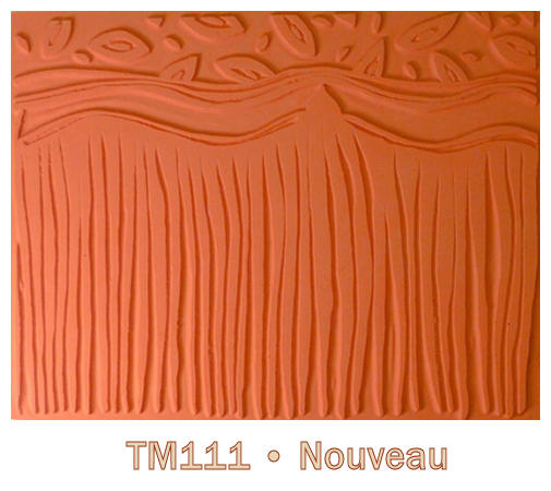 Textured orange clay slab with leaf and wave patterns, labeled TM111 Nouveau, ideal for ceramic decoration techniques.