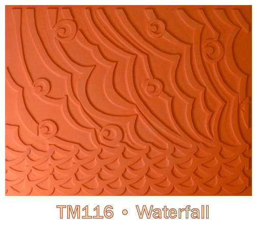 Textured ceramic clay mat with swirl and wave patterns, named TM116 Waterfall, ideal for pottery decoration techniques.