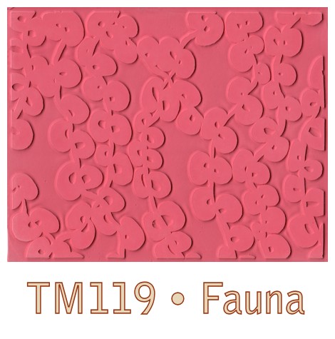 Pink rubber texture mat with fauna-inspired designs, labeled TM119, ideal for ceramic decorating and relief work.