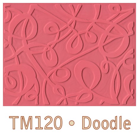 Textured pink clay mold labeled TM120 Doodle featuring swirled patterns for ceramic decoration and sculpture techniques.