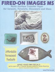 Multisurface transfer paper for ceramics, featuring images and a fish-shaped piece, ideal for permanent decals.