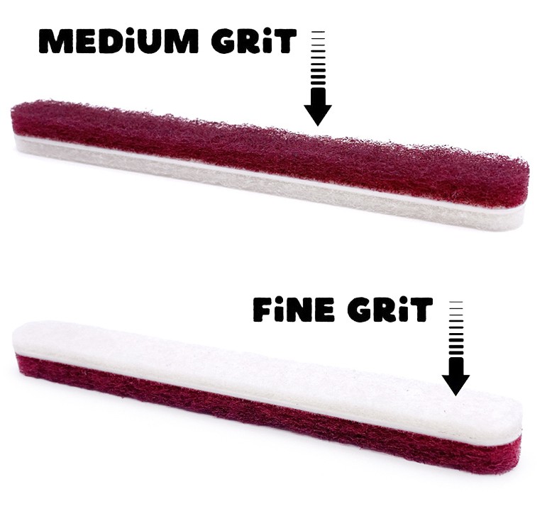 Medium and fine grit sanding pads for ceramic finishing, showcasing different textures and color indicators for grit levels.