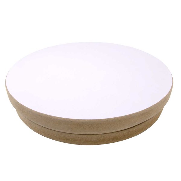 White ceramic banding wheel with a sturdy base, ideal for decorating pottery and glazing techniques.