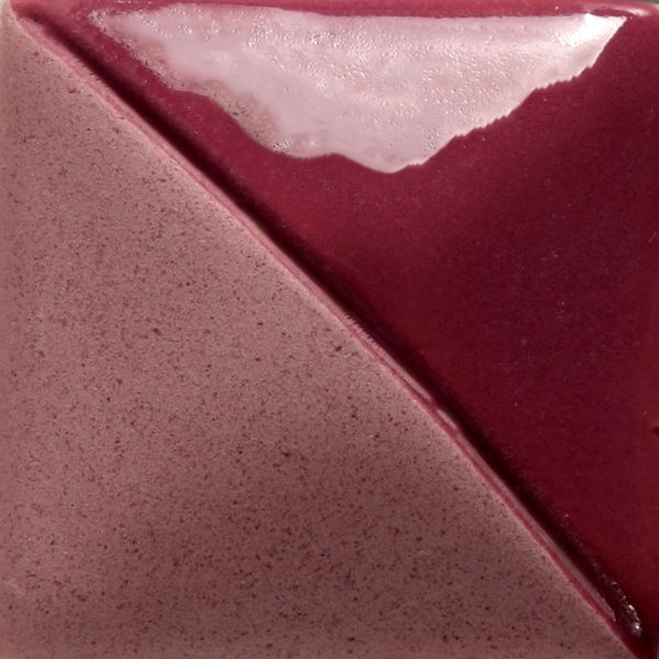 Two-tone ceramic glaze sample showing a rich burgundy and a glossy pink, highlighting colors for pottery decoration.
