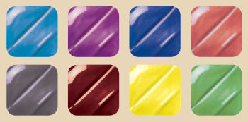 A grid of vibrant ceramic glaze color swatches, including blue, purple, gray, maroon, yellow, and green.