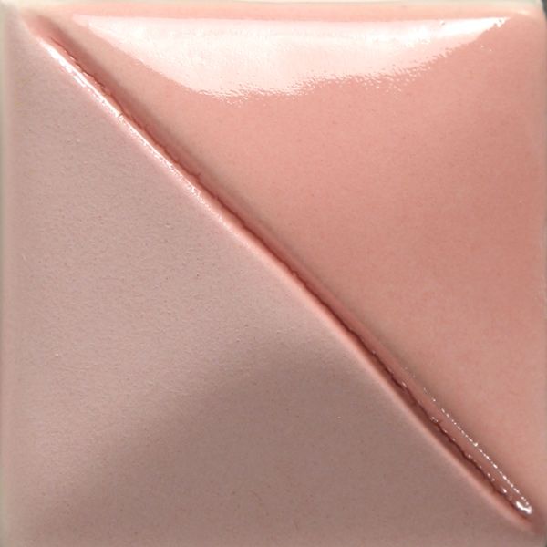 Ceramic color swatch showing a divided design in glossy pink and matte light pink glazes, ideal for pottery decoration.