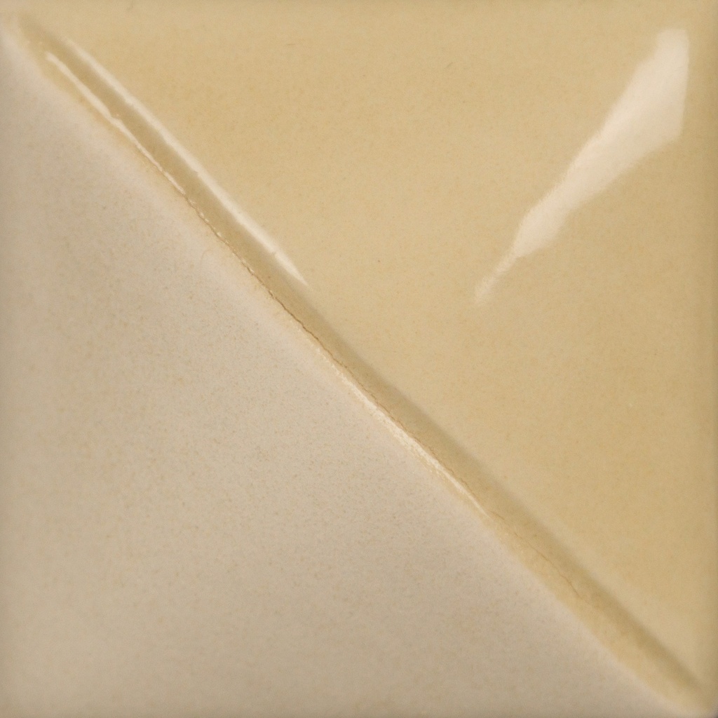 Color test tile showcasing a glossy beige glaze on one side and a matte cream finish on the other, ideal for ceramics.