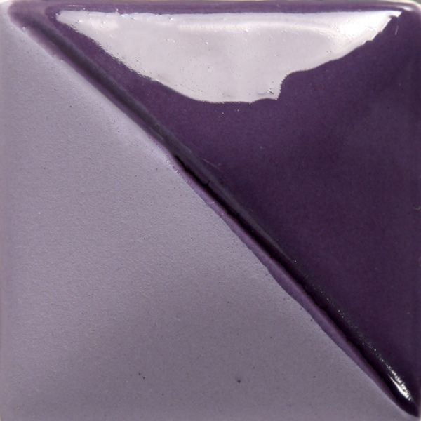 Ceramic color swatch showing a glossy deep purple glaze on one triangular section and a matte lilac on the other.