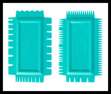 Two turquoise rib tools for pottery, featuring serrated edges for shaping and smoothing clay surfaces in ceramic projects.