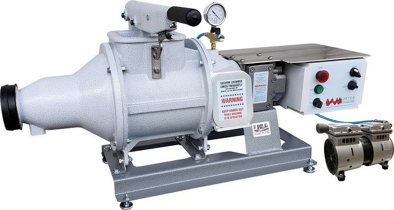 Vacuum de-airing pugmill for ceramics, featuring a control panel, gauge, and motor, ideal for preparing clay.