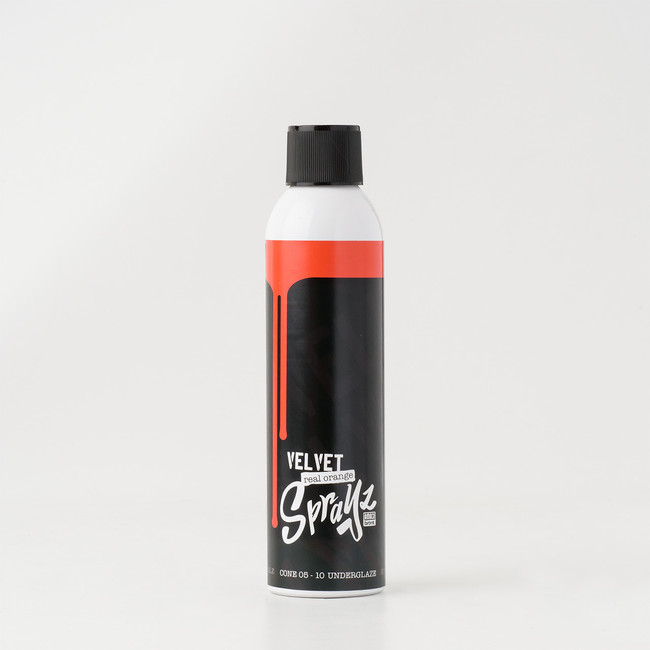 Spray bottle of Velvet Real Orange Underglaze, designed for applying vibrant colors to ceramics and pottery projects.