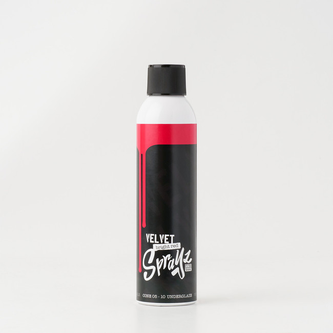 Bright red Velvet Sprays underglaze in a spray can, ideal for decorating pottery and ceramics with vibrant color.