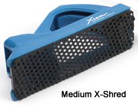Medium X-Shred ceramic tool featuring a blue handle and perforated surface, ideal for texturing clay and pottery surfaces.