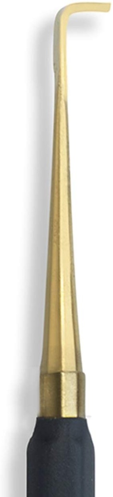 Golden sculpting tool with a curved tip and a black handle, used for detailed ceramics and pottery work.