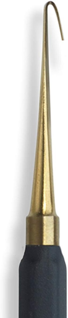 Detail view of a ceramic trimming tool with a sharp, curved brass tip and a textured black handle for precision in pottery work.