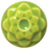 Bright green ceramic flower-shaped button with a center hole, crafted using earthenware and vibrant glazes for decoration.