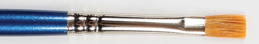 Detail of a blue-handled flat paintbrush with soft bristles, ideal for glazing and decorating ceramics and pottery.