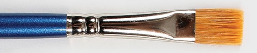 Detail of a flat brush with a blue handle and golden bristles, used for glazing ceramics and pottery decoration.